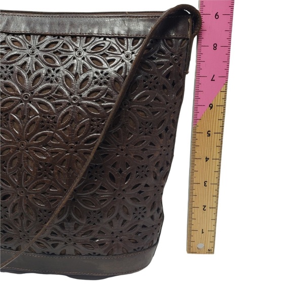 Unisa Brown Leather Purse Laser Cut Floral Pattern Zipper Close. - Picture 7 of 10
